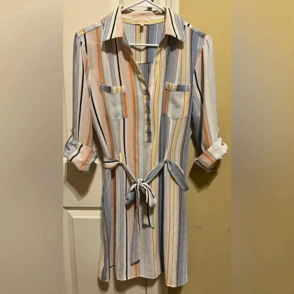 Urban Girl Striped Belted Dress Tie Waist Half Button Down V-Neck Collar Size XL